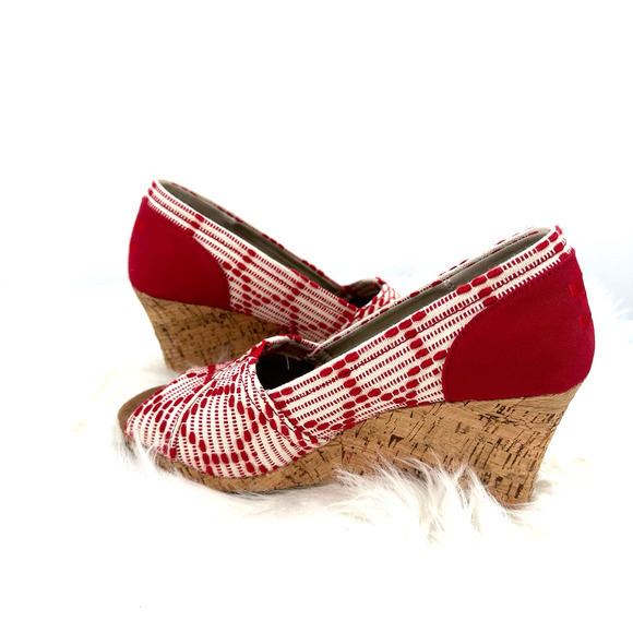Toms size‎ 6.5 red white wedge heels peep toe slide on - Picture 4 of 8